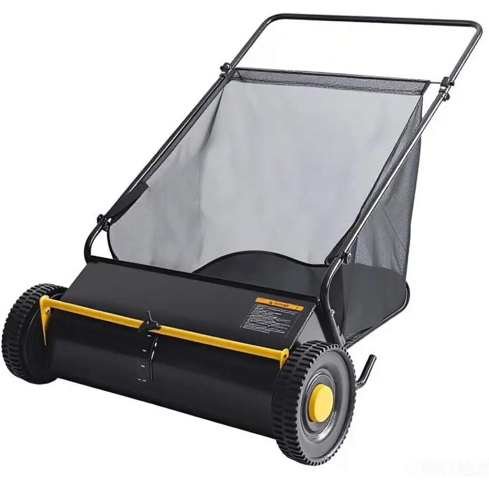 26 Inch Push Lawn Sweeper, Leaf and Grass Collector with 7 Cu.ft Mesh Bag, 4 Spinning PP Brushes, Durable Steel Construction, Adjustable Height & Rubber Tires for Yard Cleanup