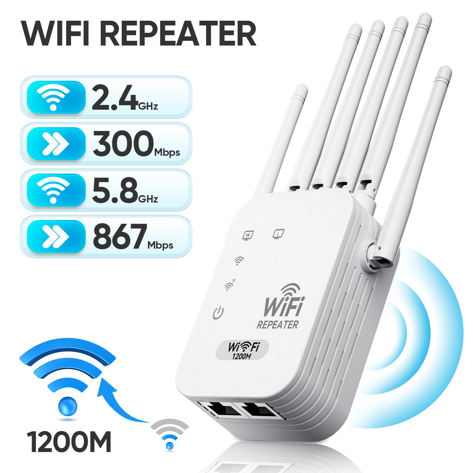 WiFi Extender 2025, 6-Antenna Strong Signal, 1200Mbps Dual-Band (5GHz/2.4GHz) Booster, Covers Up to 12,000 sq. ft & 100 Devices, Repeater with Gigabit Port & AI Connectivity, Ideal for Home, Remote Work, and VR Spaces Wifi Control
