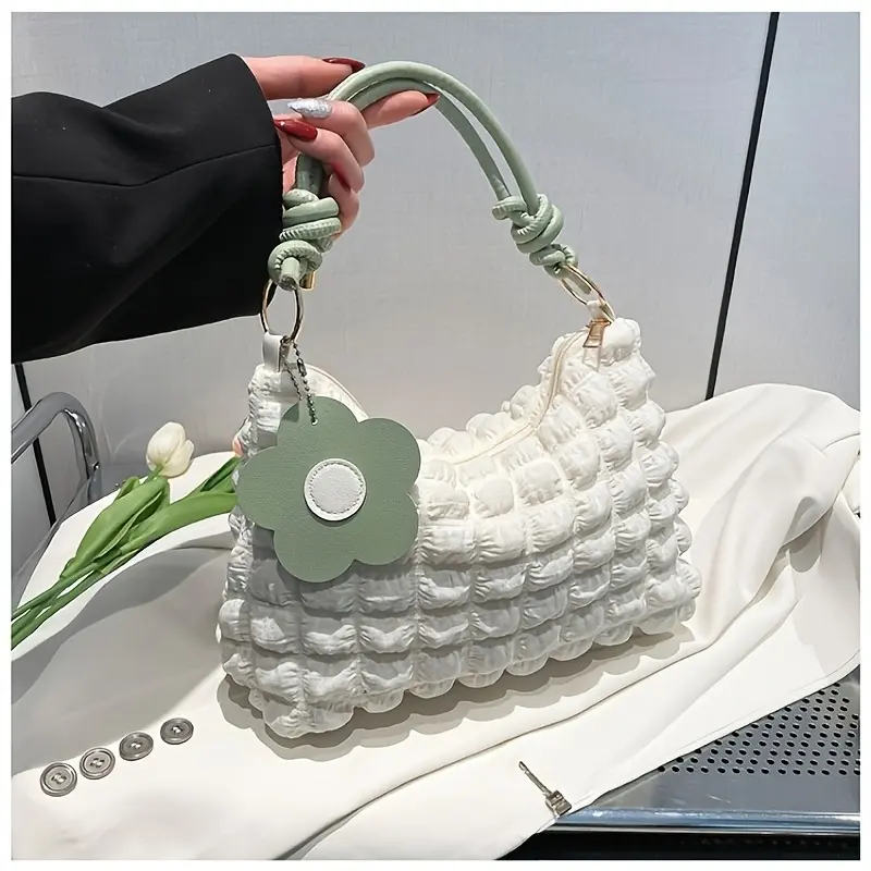 Korean Version Cream Bubble Bag, New Niche Single Shoulder And Underarm Versatile Bag, Fashionable Flower Handbag, Trendy Small And Fresh Puff Bag For Women, 2026 Fashionable Pleated Fashionable Versatile Single Shoulder Bag