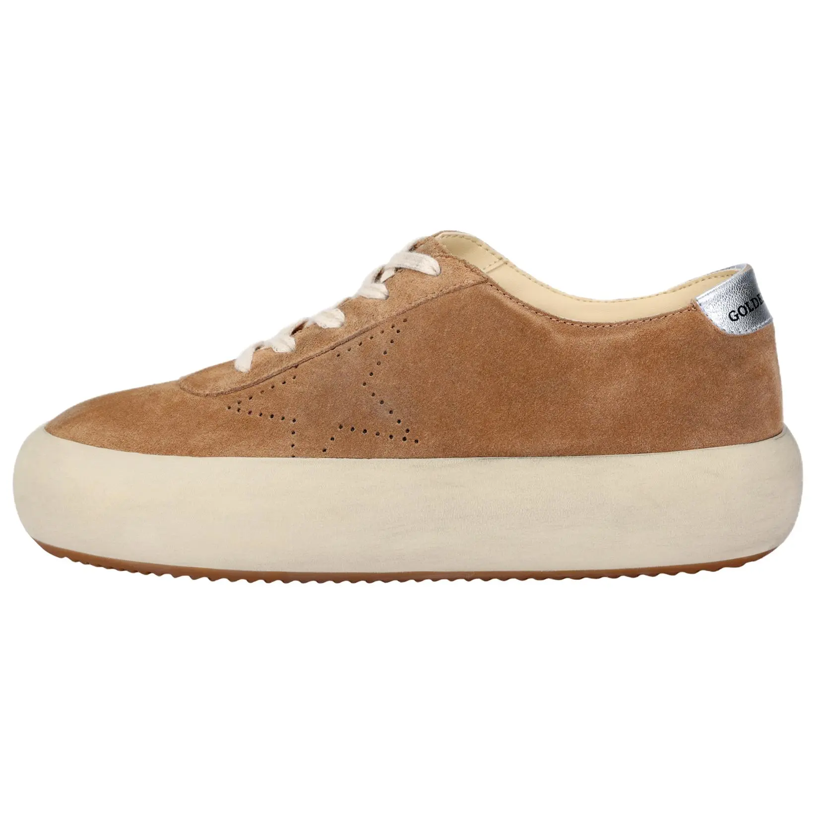 Women's Golden Goose Space-Star Low-Top Leather Platform Trainers - Brown Distressed Finish, House White, Comfort Casual Footwear, Maison Mihara Verifiable with Global Authentication Credentials