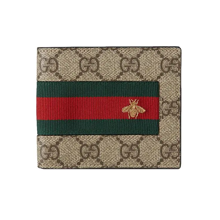 Gucci Classic GG Monogram Bee Embroidered Stripe Canvas and Leather Bifold Wallet for Men in Ebony and Brown