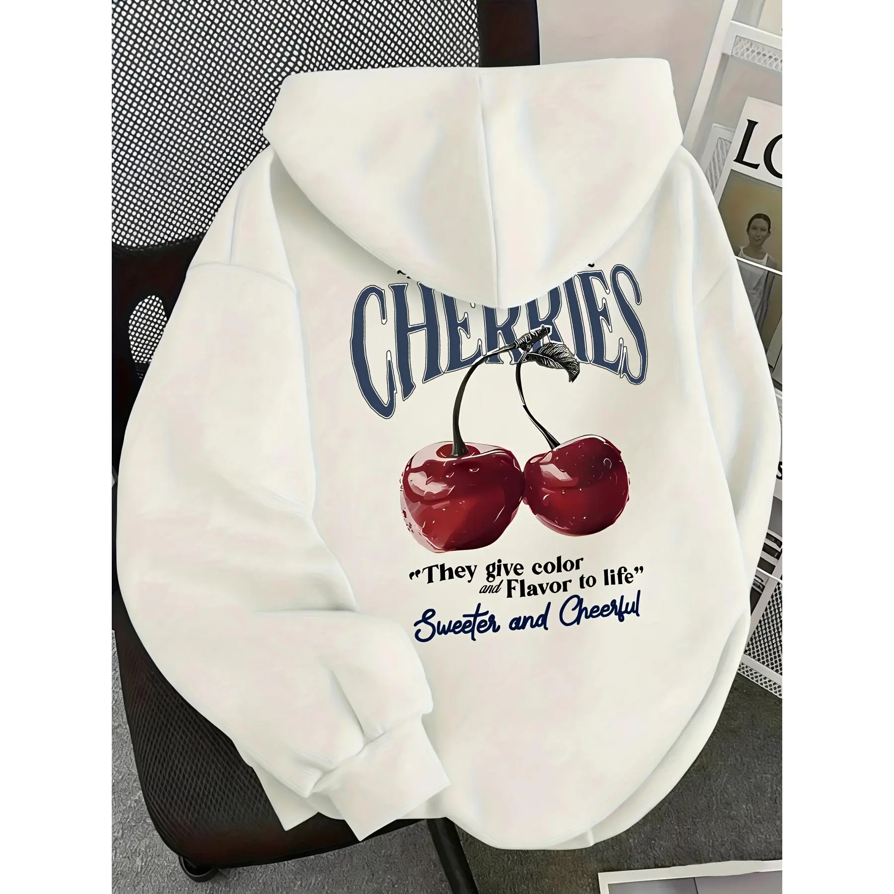 Women's casual hoodie, fashionable and cherry letter print design, comfortable polyester fiber, machine washable, perfect choice for autumn and winter, comfortable and warm to wear