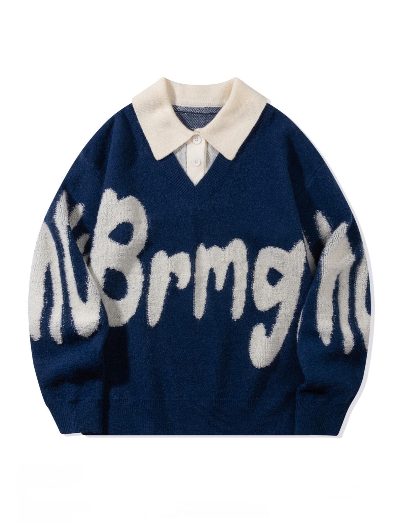 Men's Letter Print 2 in 1 Collar Polo Sweater, Loose Casual Collared Long Sleeve Knitted Button Front Jumper for Spring & Fall, Fashion Men's Knitwear for Daily Wear, Pullover, Casual Chic Knitwear, Tops