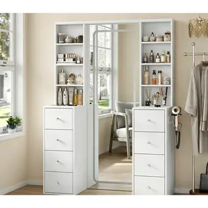 [Shipping By 2 Packages] FUSOU Vanity Desk with Full Length LED Mirror, Tall Makeup Vanity with Power Outlet, 3 Color Modes, Brightness Adjustable, 8 Drawers with Shelves Vanity Table for Bedroom
