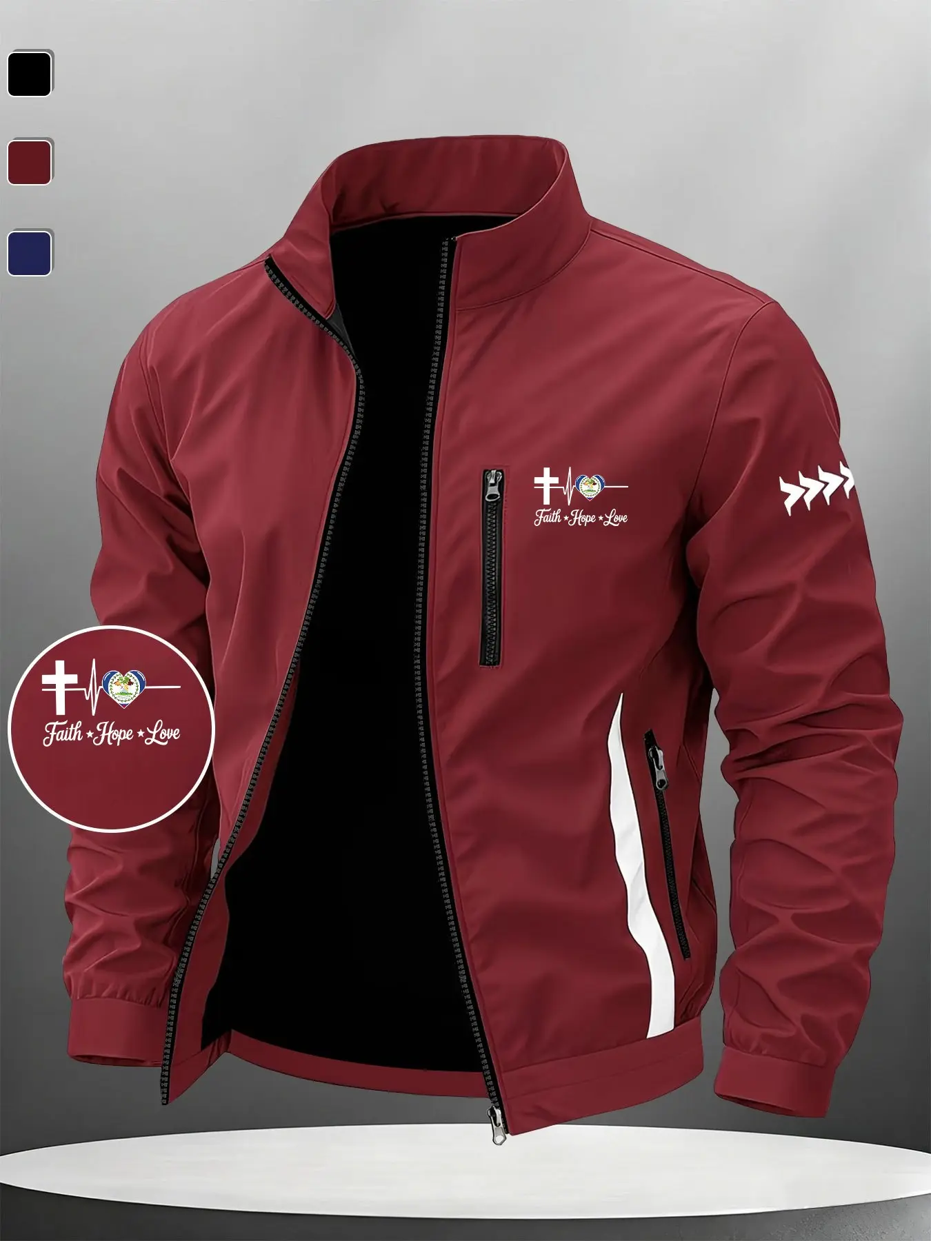 Heart Flag Pulse Faith Hope Love Print Men's Patchwork Jacket, Design Zipper, Essential for Outdoor Sports, Casual Long Sleeve Outerwear