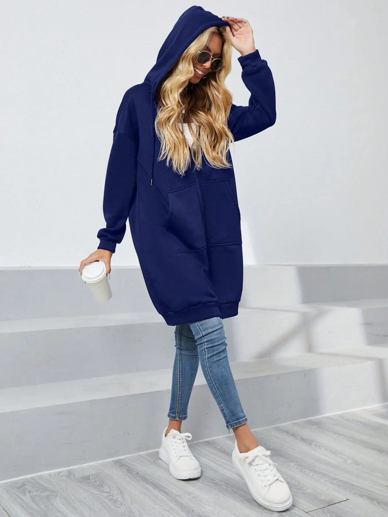 American Casual Lazy Style Mid-Length Zipper Open Front Sweatshirt, Drawstring Hooded Waist Conceal Slim Fit Home Outdoor Versatile Outerwear