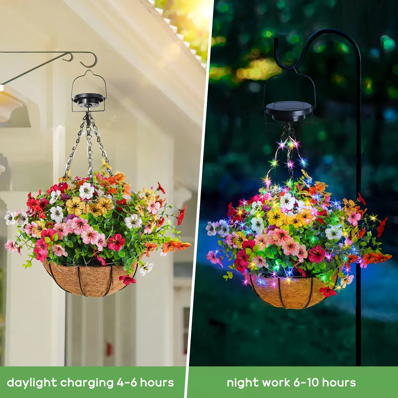 Solar Flower Basket Lights, Beautiful Artificial Flowers, Solar Powered RGB String Lights Free Adjustable Decoration, Outdoor Flower Basket Hanging Plants for Yard, Lawn, Garden Decoration