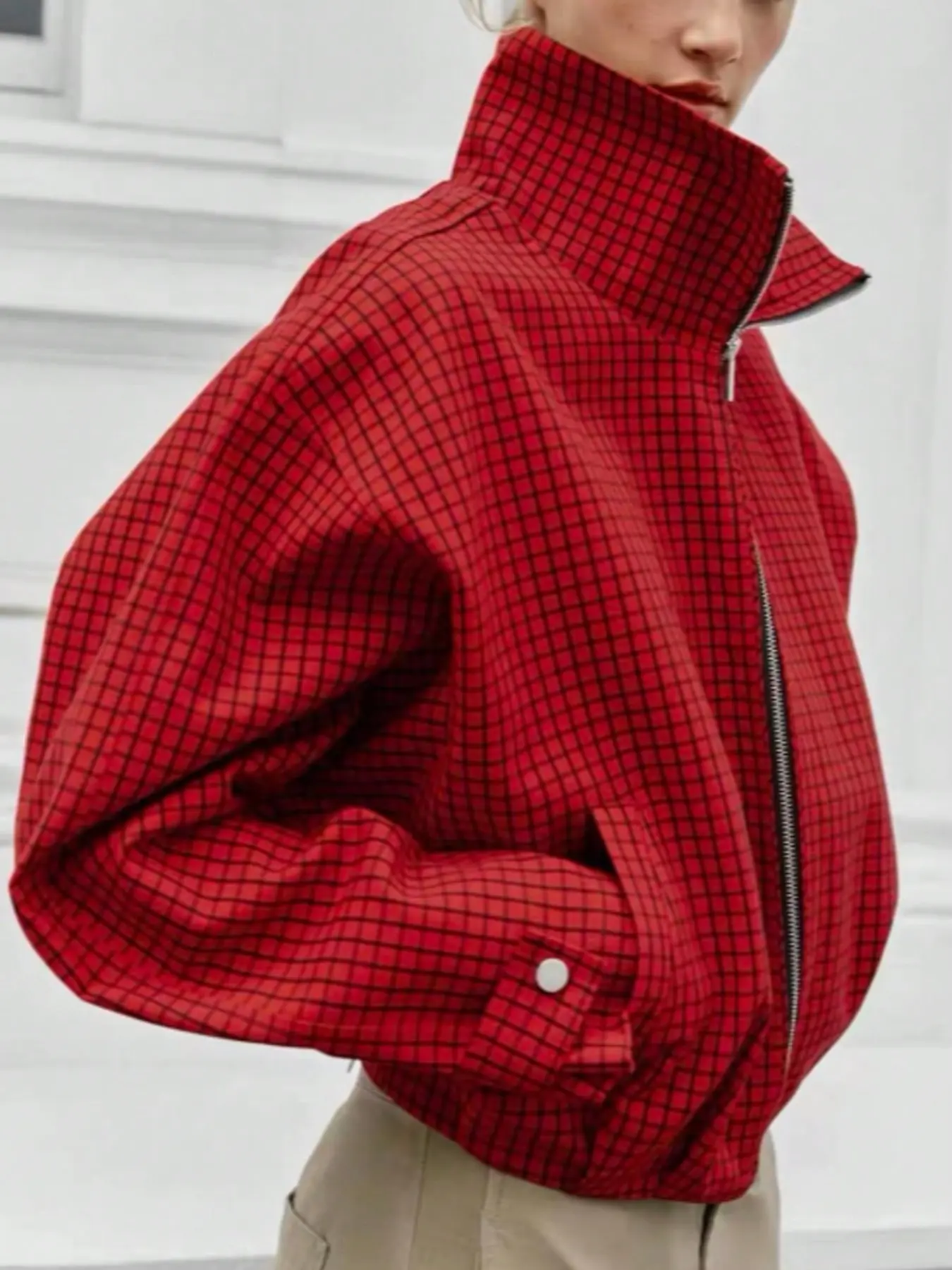 Women's Plaid Stand Collar Zipper Short Jacket, Y2K Street Style, Fall Casual Outerwear, Side Pockets, Fashion Trendy, Coats