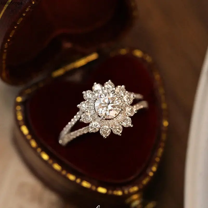 White Gold Plated Sunflower Multi-Petal Halo Round CZ Engagement Ring For Women, Full Micro Pave Split Shank Dainty Floral Statement Band For Wedding Valentine Anniversary Daily Casual Wear