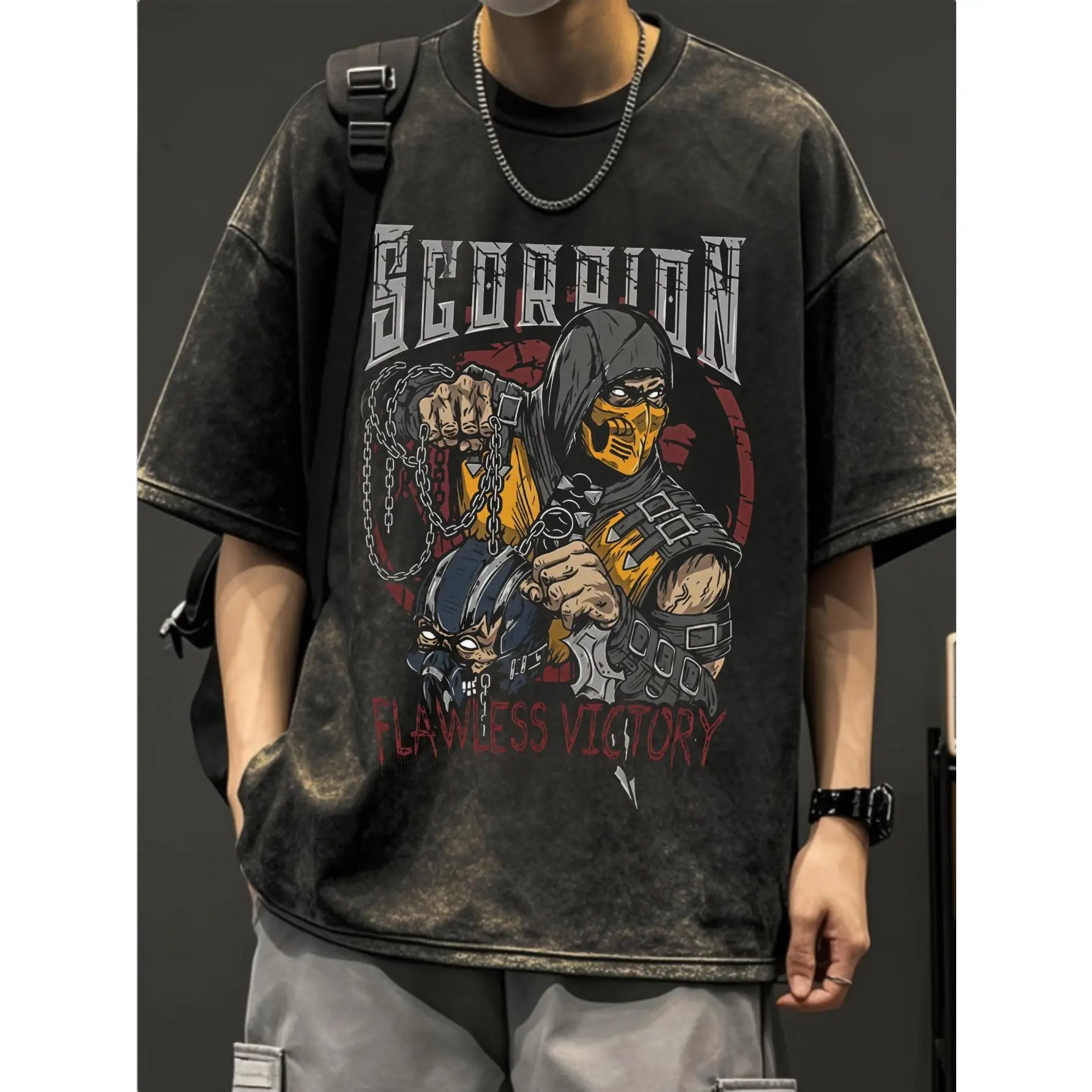Acid Wash Distressed Short Sleeve T-Shirt For Men Women, Mortal Kombat Scorpion Flawless Victory Vintage Fighting Game Graphic Oversized Crew Neck Casual Grunge Streetwear Soft Knit Cotton Daily Fashion Top