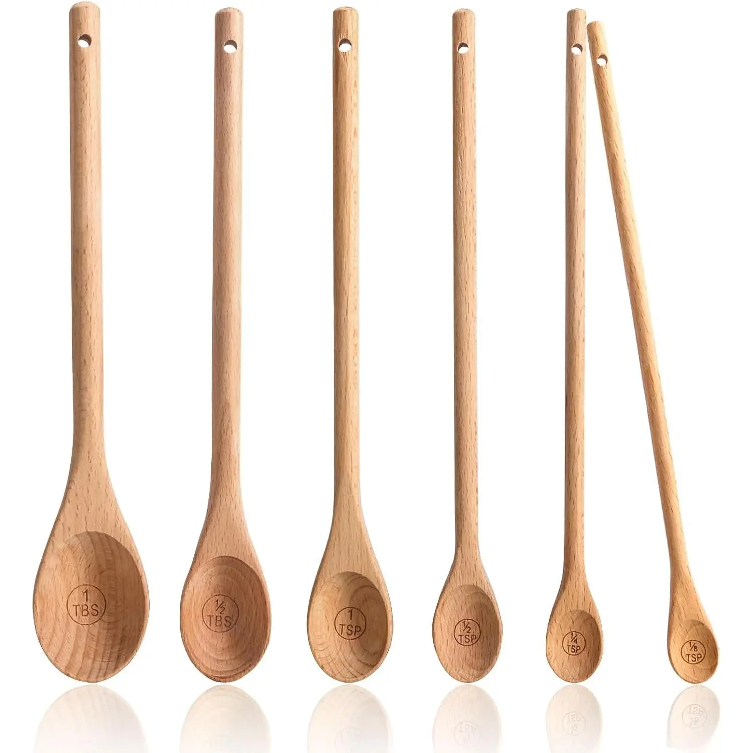 Wooden Measuring Spoons Set of 6 - Long Handle Beechwood Measuring Spoons 1/8 TSP, 1/4 TSP, 1/2 TSP, 1 TSP, 1/2 tbsp & 1 tbsp for Measuring Dry Ingredients for Cooking Baking Gift(10 inch)