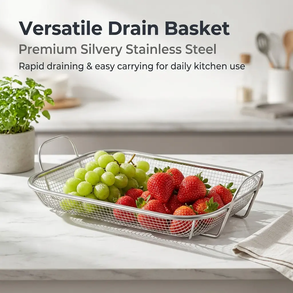 Stainless Steel Colander with Handle, Rust-Resistant Fine Mesh Strainer, Ideal for Kitchen Vegetable Washing, Oil Drainage