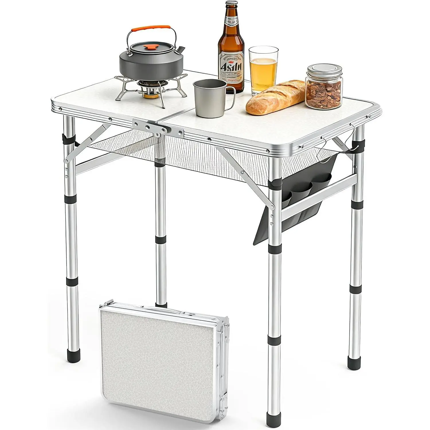 Folding Camping Table, 3 Adjustable Height Max 27.5" Small Folding Table Portable with Carrying Handle & Mesh Bag, 2x1.3 FT Foldable Picnic Table Waterproof for Outdoor, BBQ, Beach, PatioGift