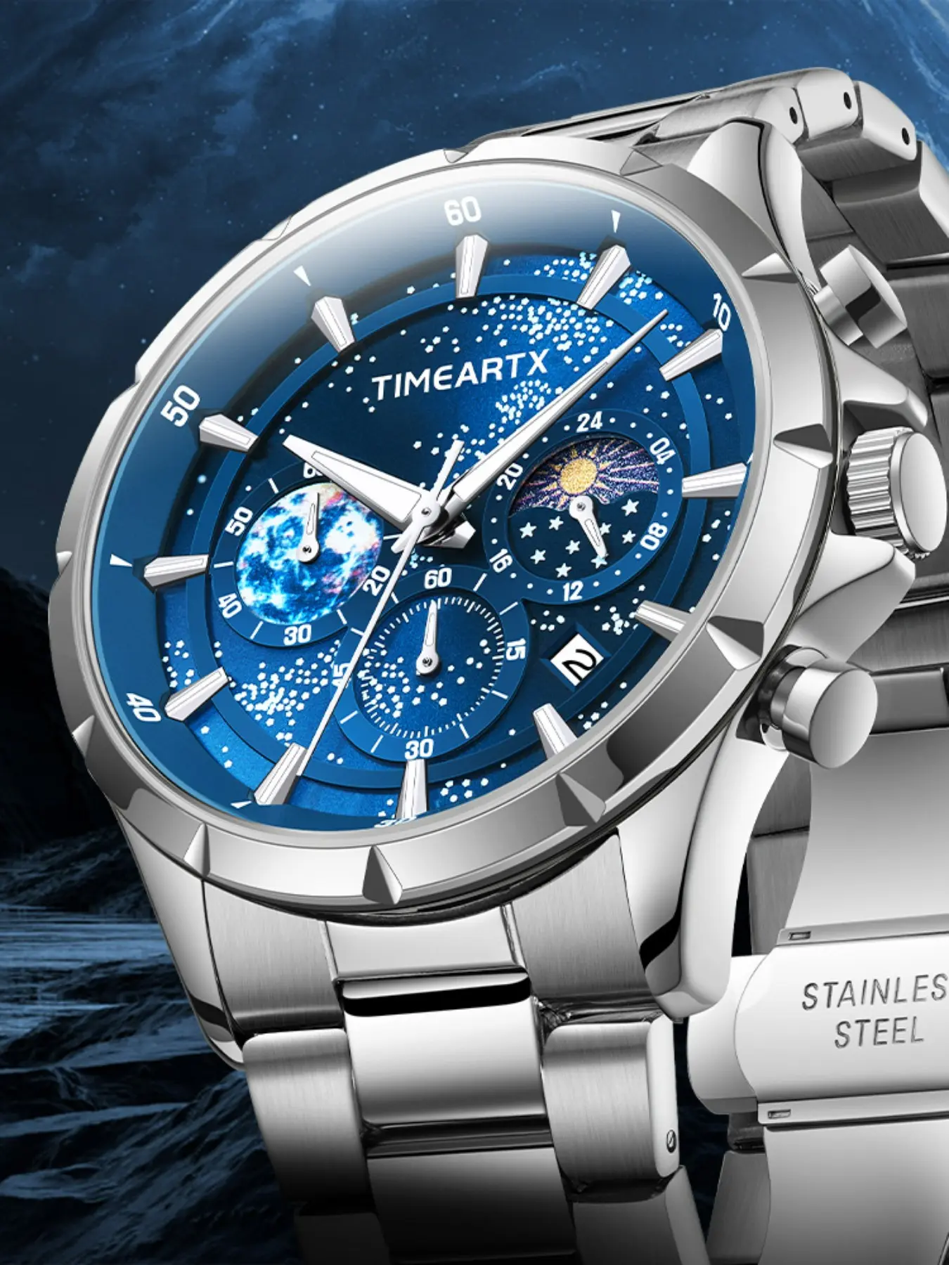 Timeartx Men's Quartz Watch, Fashion Starry Night Glow Business Moon Phase Watch, Round Analog Face, 47mm Alloy Case, Mineral Glass