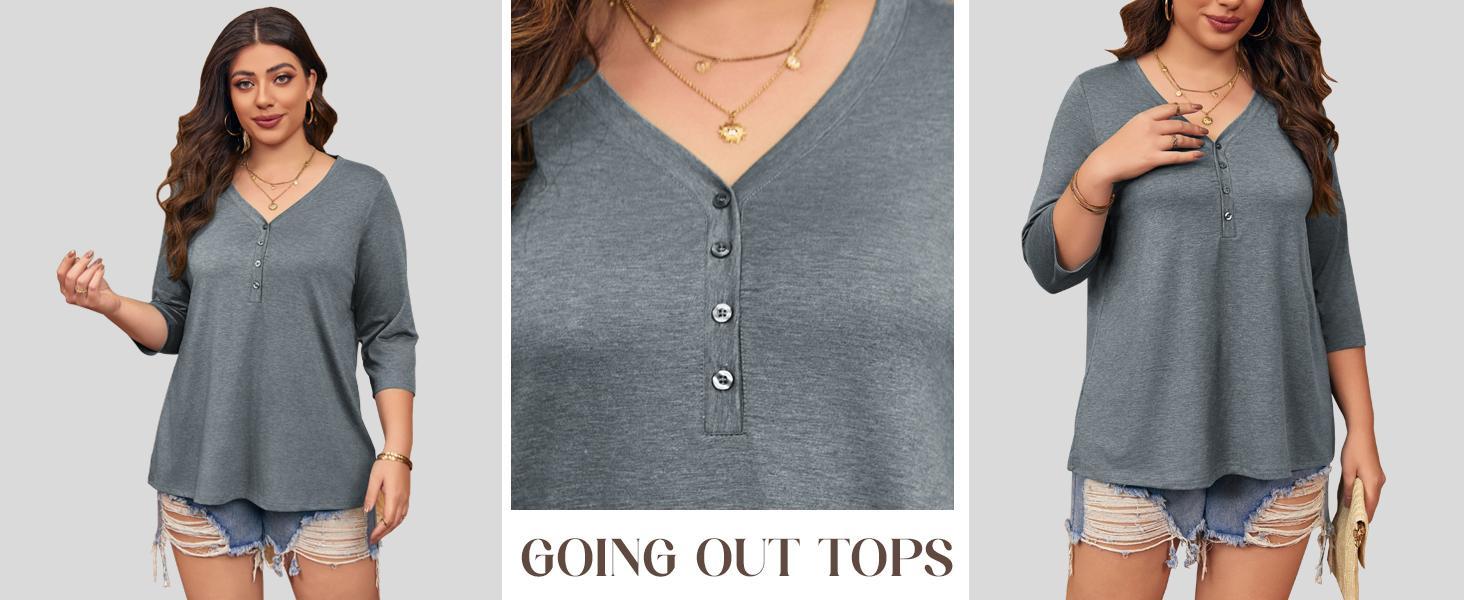 【L-5XL】 Imily Bela Curve Womens Plus Size Tops V Neck 3/4 Sleeve Casual T-Shirts Loose Basic Tunic Tees Summer Vneck Minimalist Streetwear