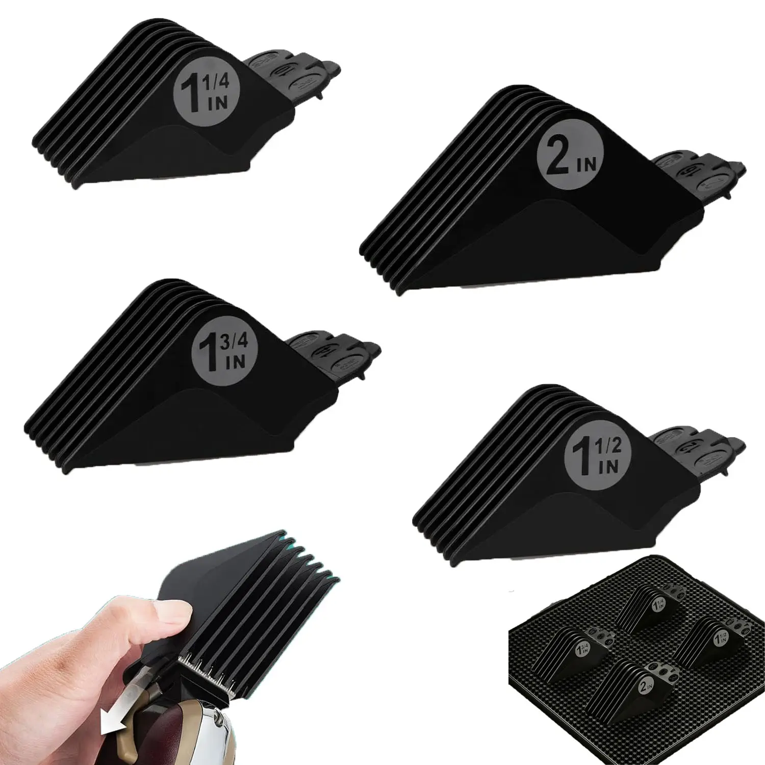 4 Pcs Replacement Clipper Guide Guards Set, 10/12/14/16 Cutting Sizes, 1.25" to 2" Trimming Length Universal Professional Hair Clipper Accessories for Most Standard Clippers, Black