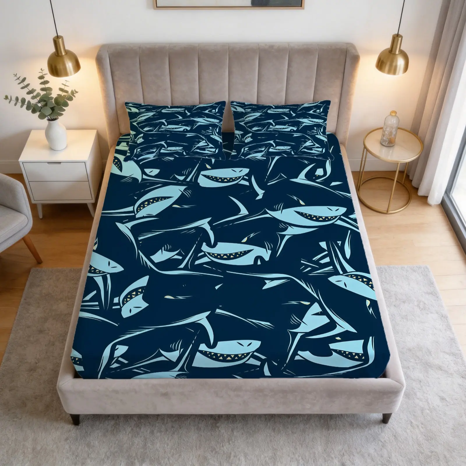 Shark Print Pattern Bed Sheet Set, 1 Bed Sheet With 2 Pillowcases (Excluding Pillow Core), Available In Multiple Colors, Suitable For Bedrooms, Dormitories, And Guest Rooms, Suitable As Gifts And Decorations