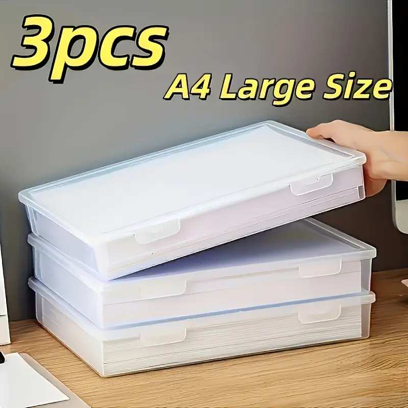 3 Pack A4 Large Size Transparent Flip-Top Plastic Storage Boxes, Stackable Large Capacity Desktop Organizers, Space-Saving Office & School Supplies Storage Containers, Home Document & Important File Organizer Boxes