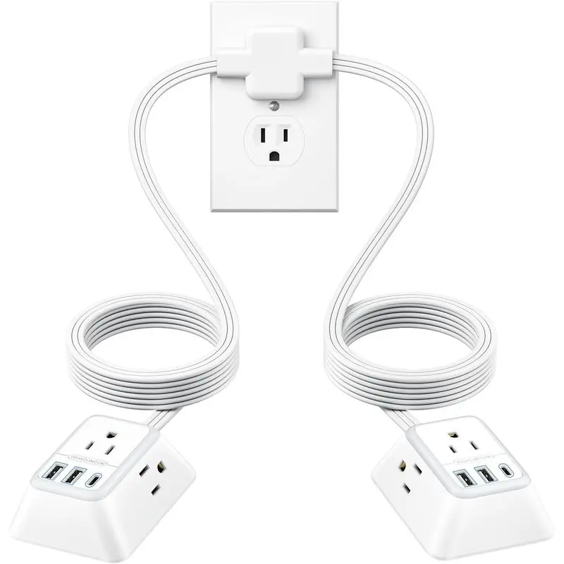 Split Extension Cord 12FT, Twin Extension Cord Splitter with 3 AC Outlets on Each Side, 2 USB-A & 1 USB-C, Flat Plug Double Extension Cord for Behind Sofa Nightstands