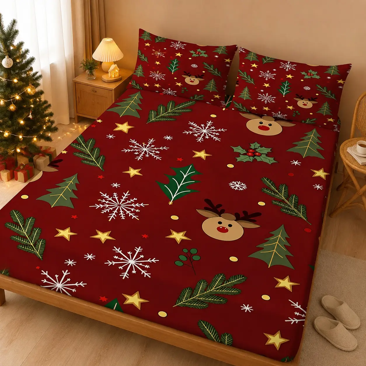 Cartoon Reindeer Christmas Bed Sheet Set, Snowflake Tree Star Design, 25cm Deep Pocket Non-Slip Mattress Protector, Twin Pillowcases