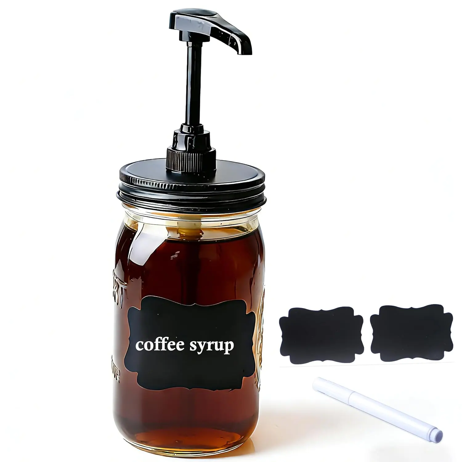 32 oz Mason Syrup Sauce Honey Dispenser Pump Bottle 1 Quart Wide Mouth Glass Coffee Syrup Condiment Ketchup Container For mayo, maple syrup, mustard, salad dressing  Grade Airtight & Leak-Proof