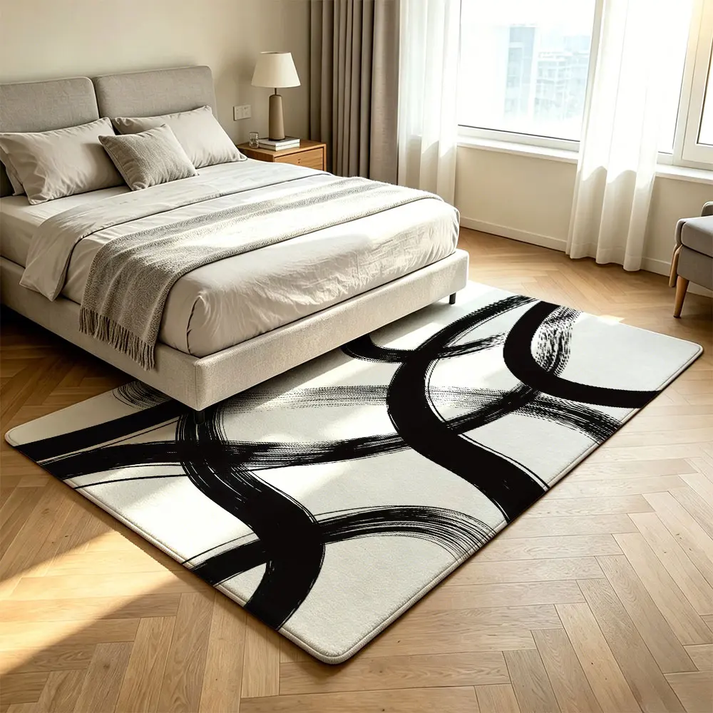 1 piece black and white abstract line pattern printed rectangular floor mat, Modern floor rug, suitable for hotel bedrooms, living rooms. It features anti-slip properties and is an aesthetic art piece for home decoration