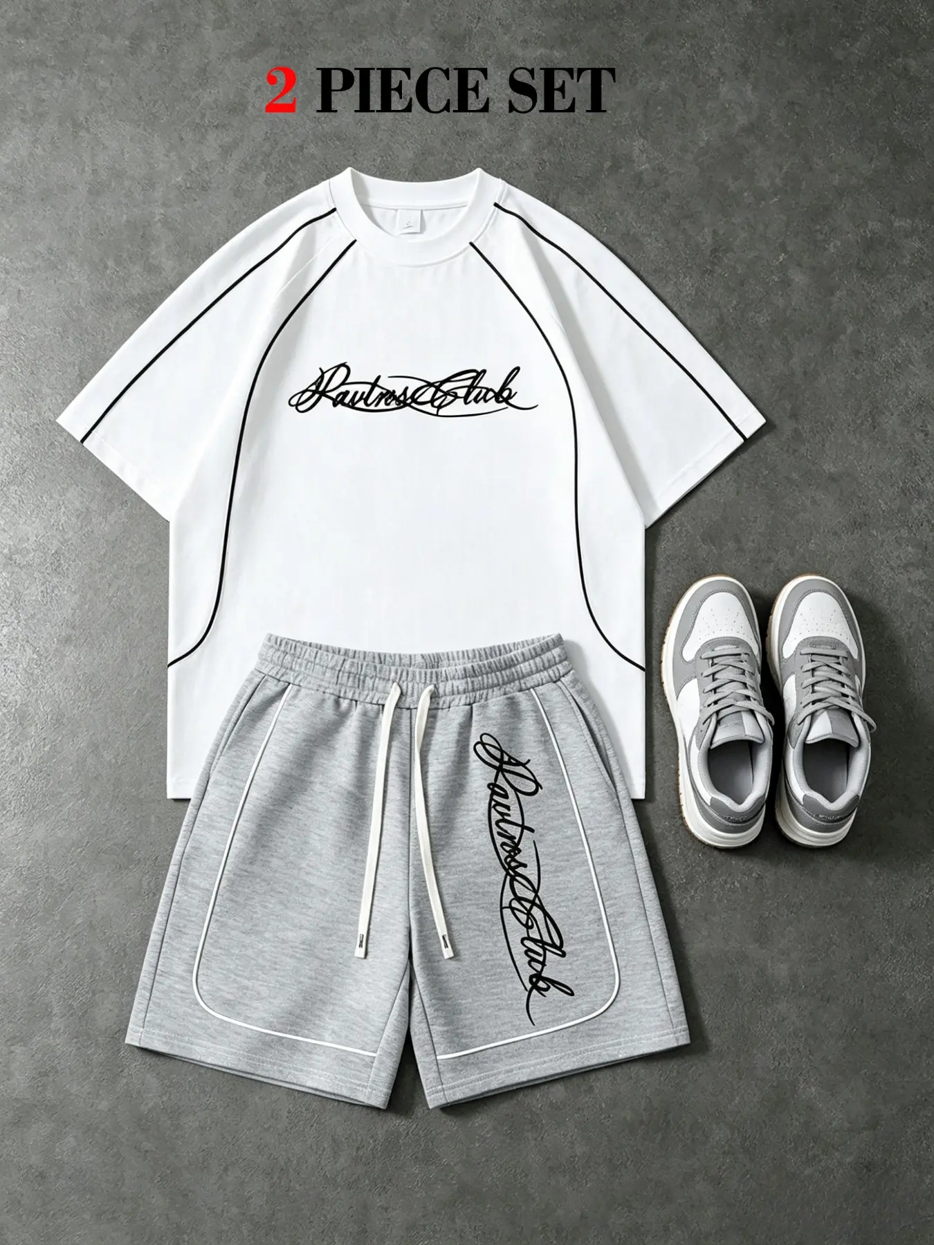 Men's Two-Piece Athleisure Sportswear Set, Contrast Line Raglan Round Neck Short Sleeve T-Shirt + Trim Letter Drawstring Knee Pants, Oversized Summer Fitness