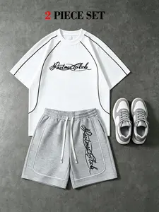 Men's Two-Piece Athleisure Sportswear Set, Contrast Line Raglan Round Neck Short Sleeve T-Shirt + Trim Letter Drawstring Knee Pants, Oversized Summer Fitness