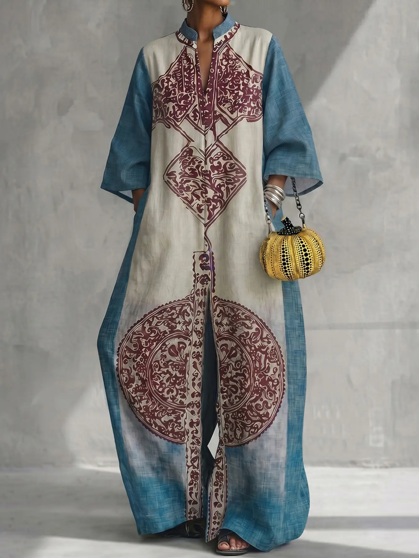Loose Fit 3/4 Sleeve Ethnic Print Pocket V-Neck Jumpsuit, Stylish, Elegant and Comfortable, Perfect for Casual Wear