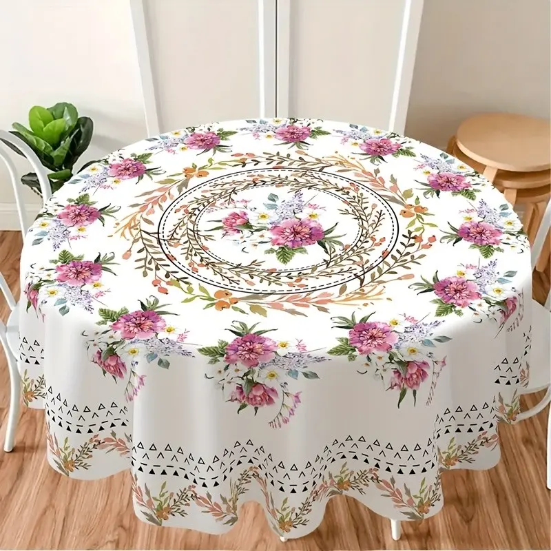 Flower Polyester Round Tablecloth, All-Season Party Dining Decor, Wedding Party Decoration, Birthday Party Supplies