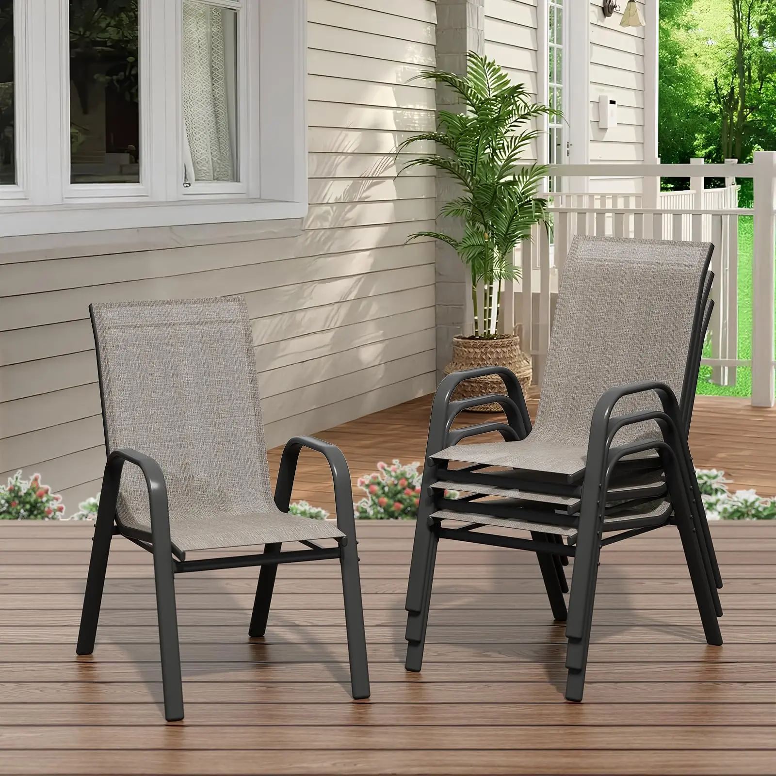 Garvee All-Weather Stackable Outdoor Patio Dining Chairs - High-Back Metal Frame with Textilene Strap Fabric - For Backyard, Poolside, Garden & Balcony (Multiple Sets)