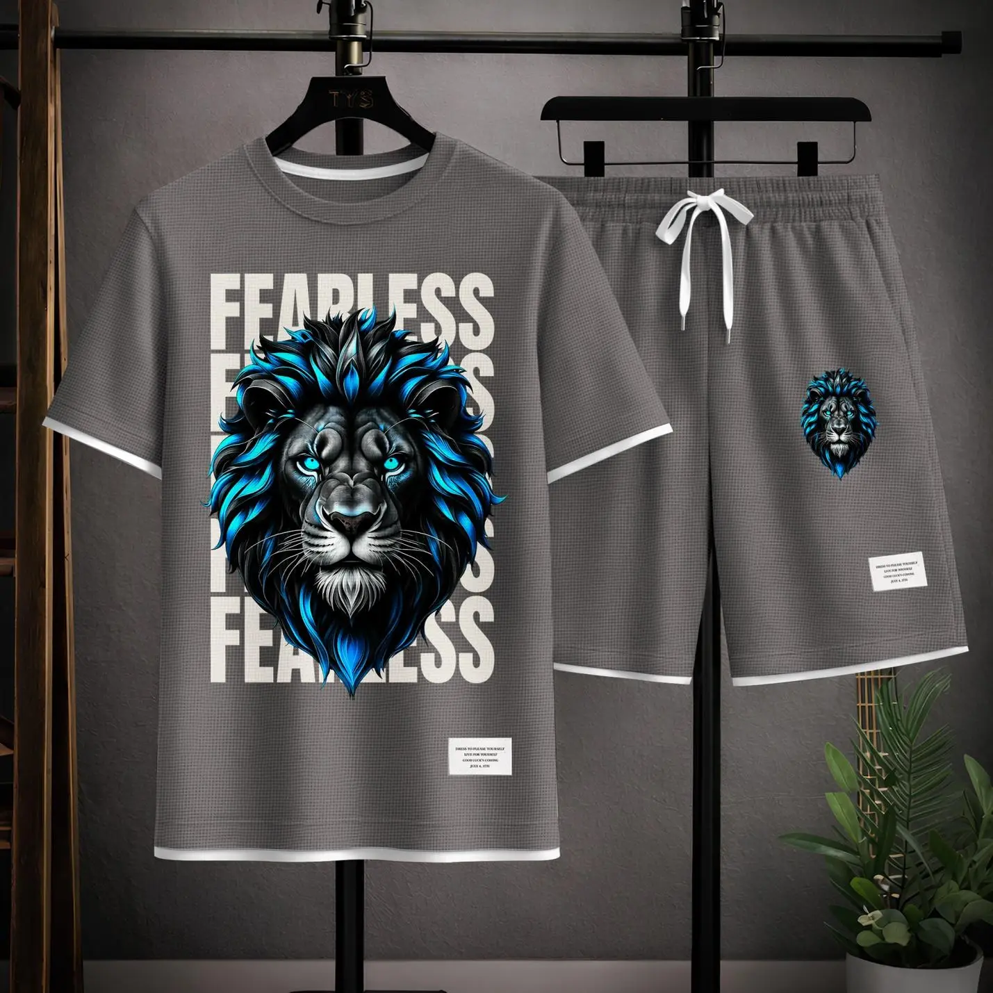 Men’s Blue Mane Lion Graphic Textured 2-Piece Outfit, Short Sleeve T-Shirt and Drawstring Shorts Set, Casual Loose Fit Summer Matching Set, Lightweight Breathable Streetwear Lounge Outfit for Travel, Vacation, Daily Wear