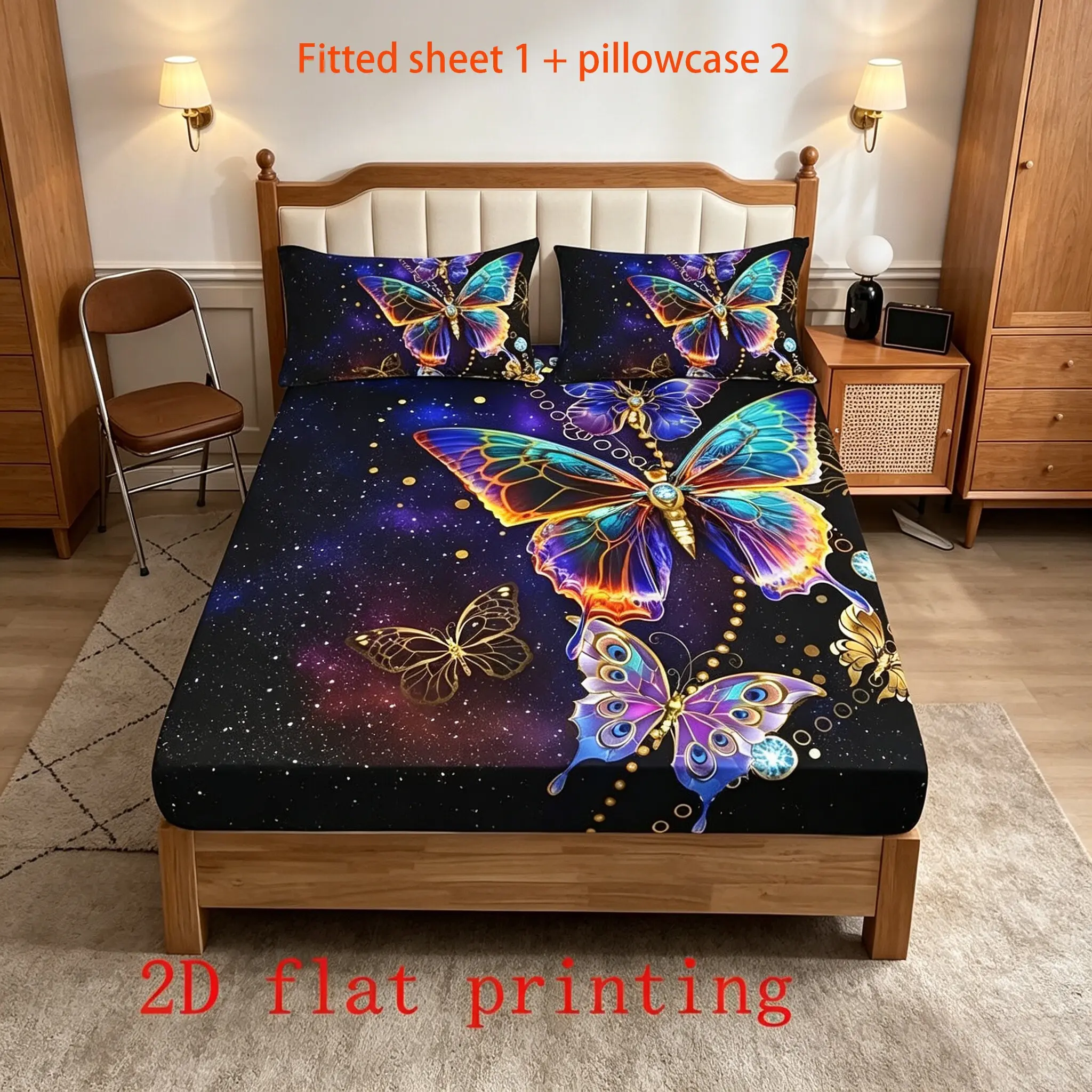3PCS Fashion Colorful Butterfly Starry Sky Home Digital Print Bedding HD Digital Printed Bed Sheet Bedsheet Set Three Piece Set Including 1 Bed Sheet and 2 Pillowcases (excluding pillow core)