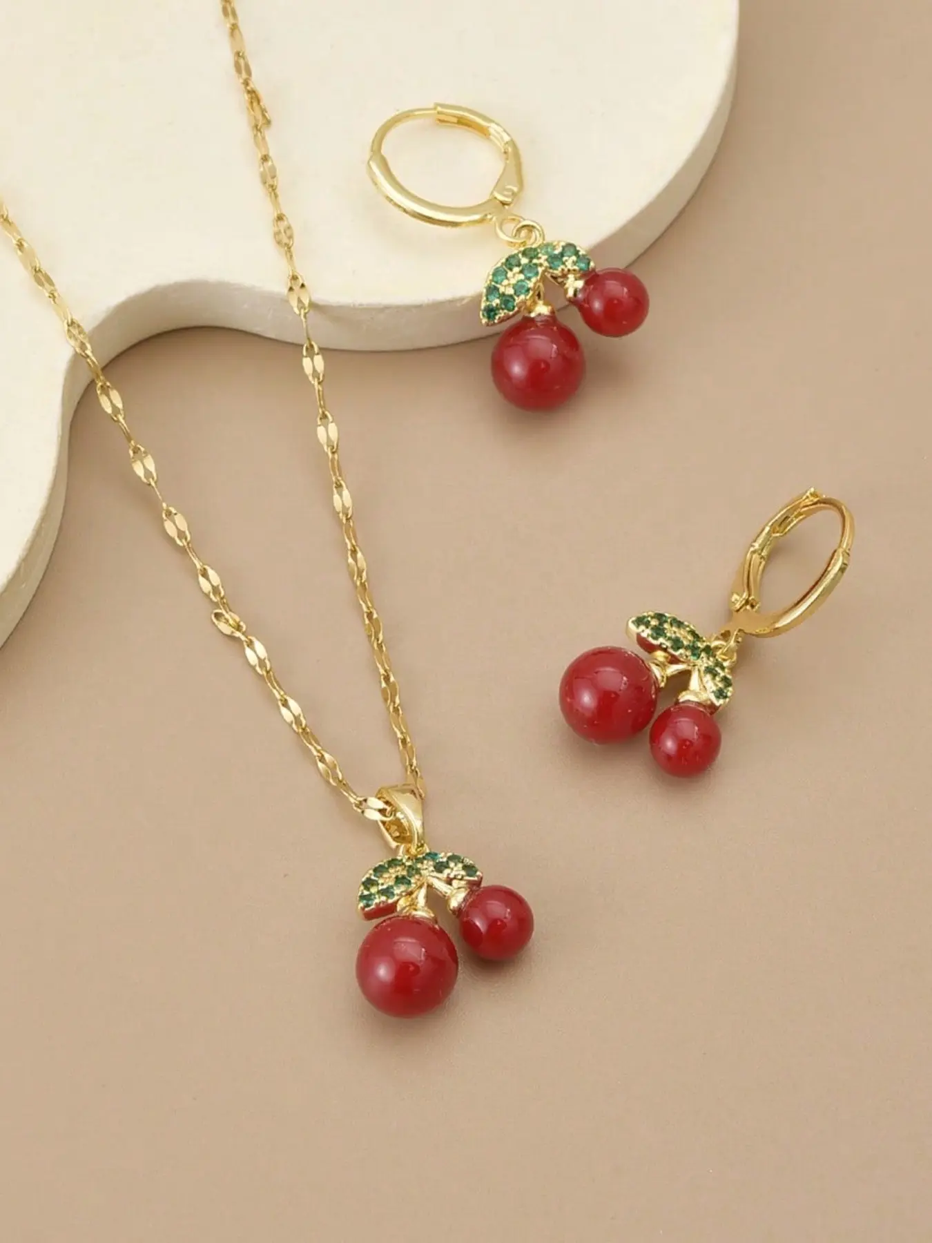 Cherry Jewelry Set for Women, Red Cherry Pendant Necklace and Dangle Hoop Earrings with Green Crystal Leaf, Cute Fruit Themed Matching Jewelry Set Gift for Daily Party Birthday
