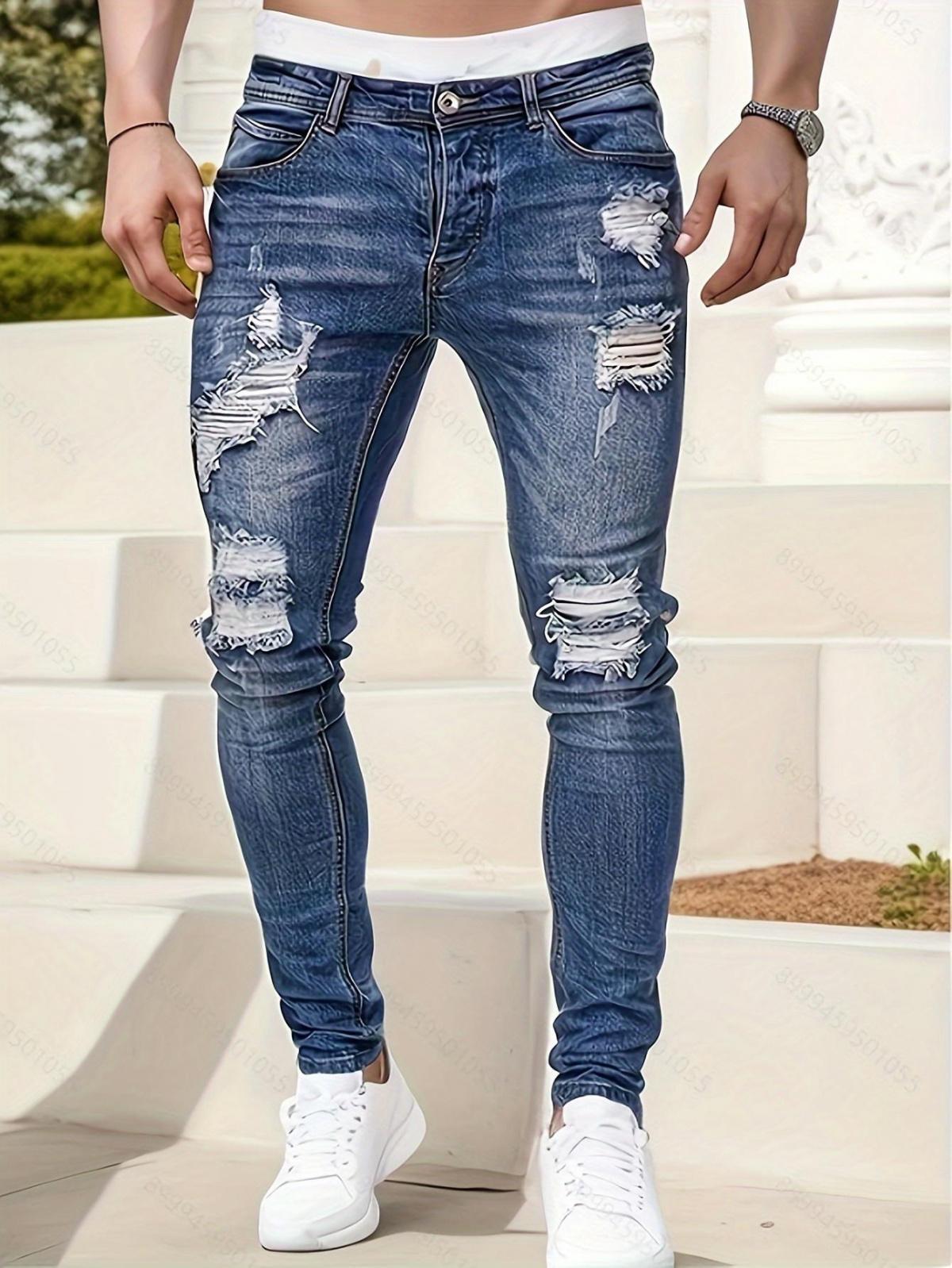 Men’S Casual Slim-Fit Denim For Streetwear Fans Suitable For Daily Wear And City Use Medium Elasticity Medium Weight Soft And Comfortable With A Distressed Look Men’S Solid-Color Multicolor High Street Low Rise jeans
