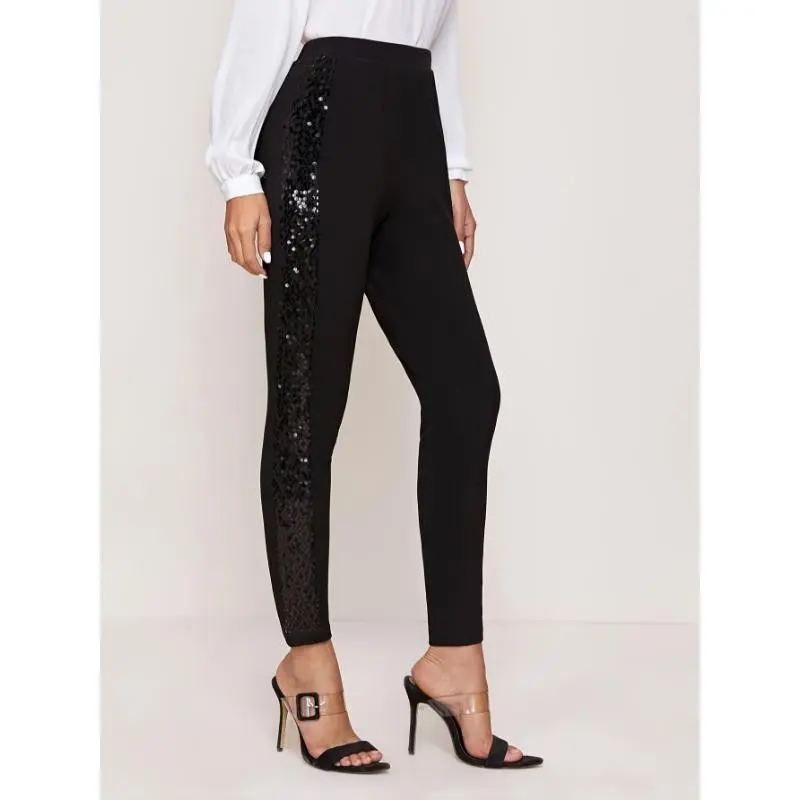 ElegantHighWaistSequinedSkinnyPants-Women'sClothingForSpring&FallBottomsFabricSpandexWomenswearBlackChic Legging