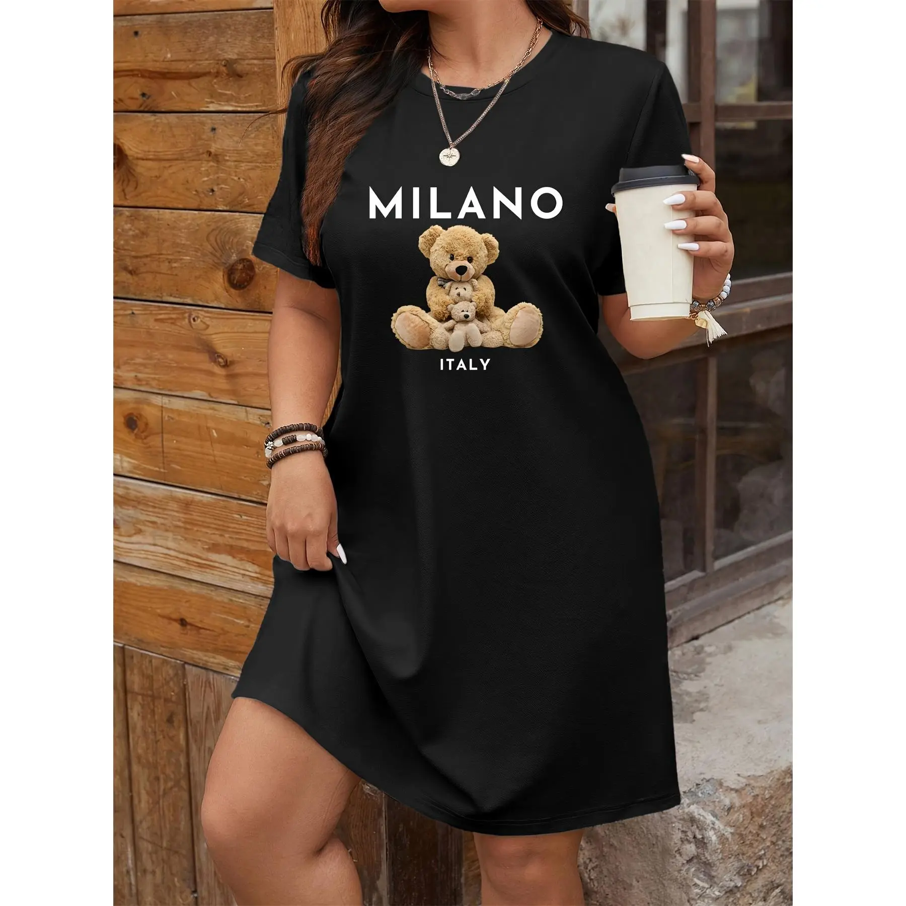 Women's Casual Short Sleeve T-Shirt Dress with "MILANO" & Teddy Bear Graphic Print - Stretchy Knit Fabric, Round Neck, Machine Washable Spring Summer Casual Outfit, Everyday Casual Attire | Casual Round Neck | Durable Casual Wear