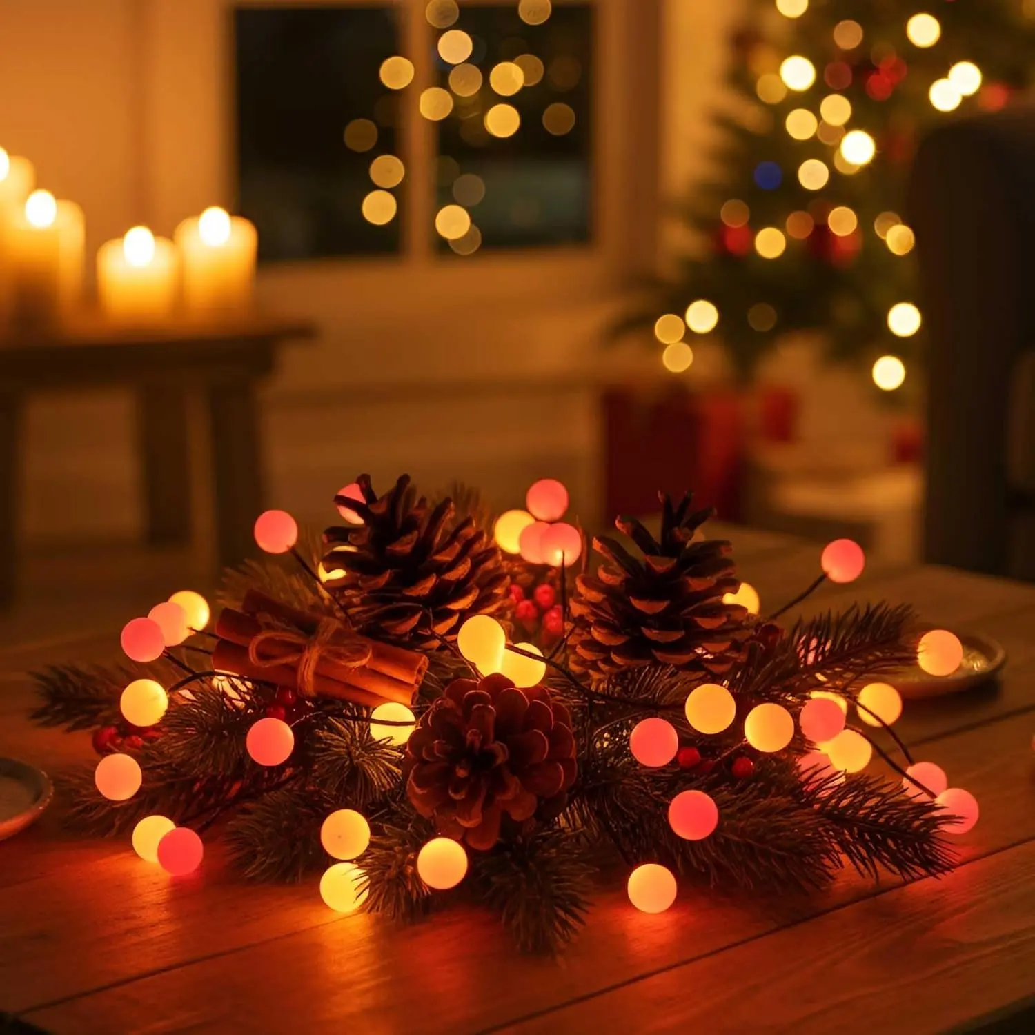 40 LED Berry Cluster Lights - Red, Orange & Yellow   Christmas Lights with Timer, String Lighting  for Christmas, Fall and Fireplace Cozy Lighting. Indoor and Outdoor use.