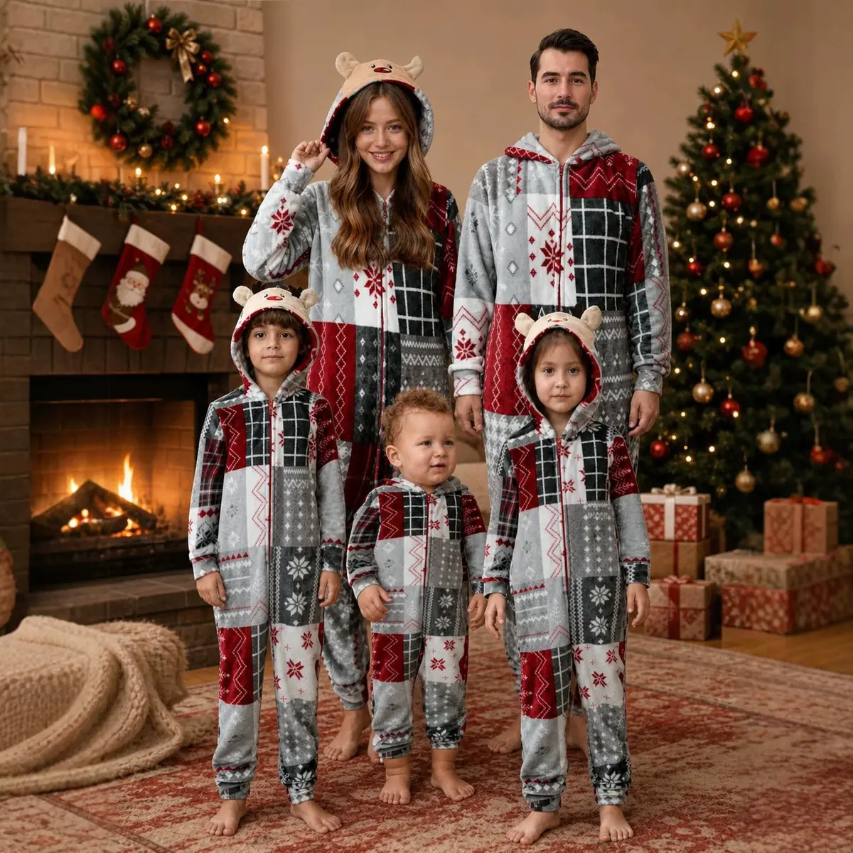 Christmas-themed parent-child rompers, made of thick flannel (warm and comfortable), loose-fitting parent-child loungewear set (adult and children's sizes).