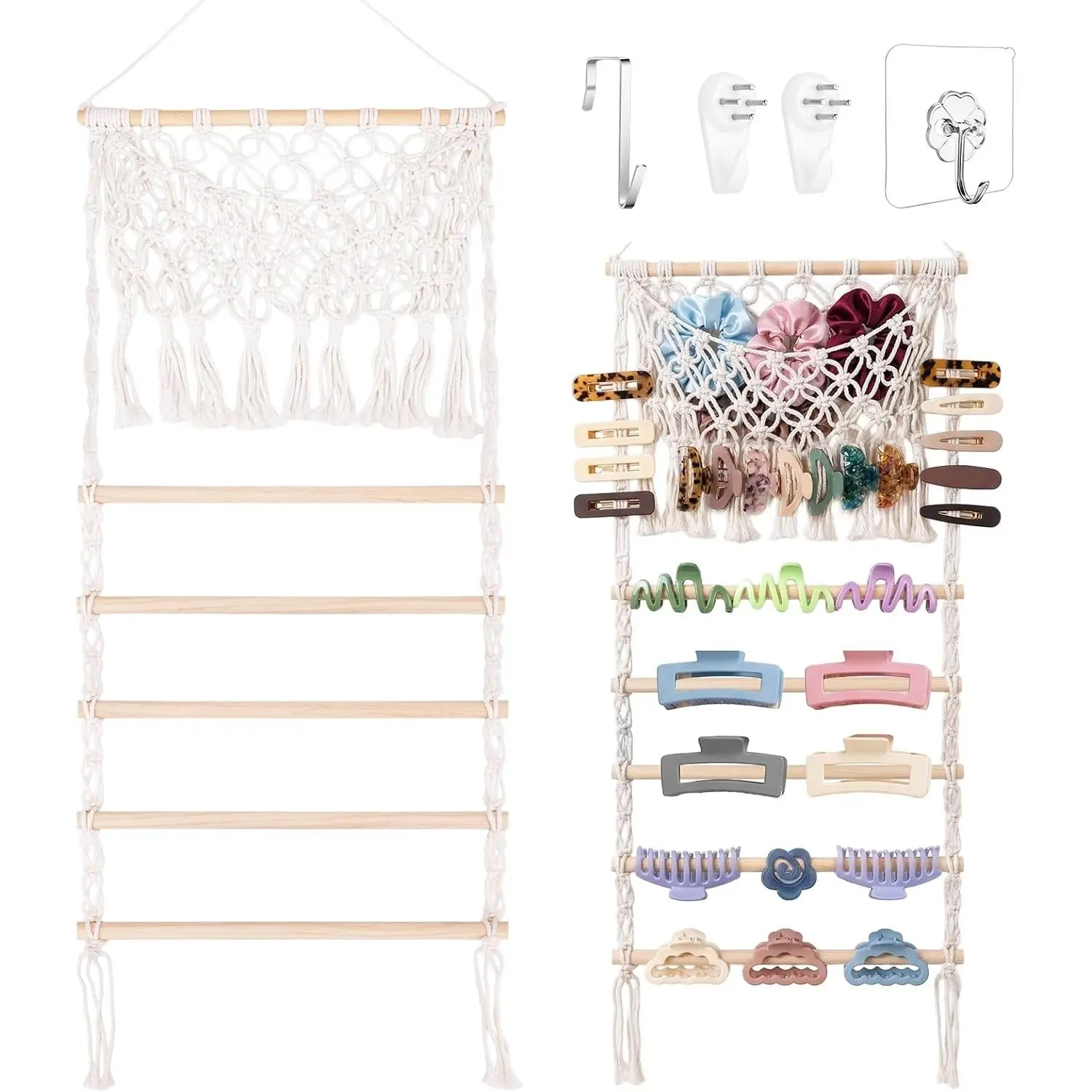 Hysagtek Hair Claw Clip Organizer - Large Capacity Mesh Bag Macrame Scrunchies Holder Hair Ties Organizer Claw Clips Hanger Home Boho Decor for Wall Door Closet