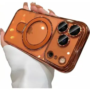 MANLENO Magnetic Case for iPhone 17 Pro Max Case Clear Compatible with MagSafe Invisible Kickstand Lens Protector Plating Soft Protective Phone Case (Orange)