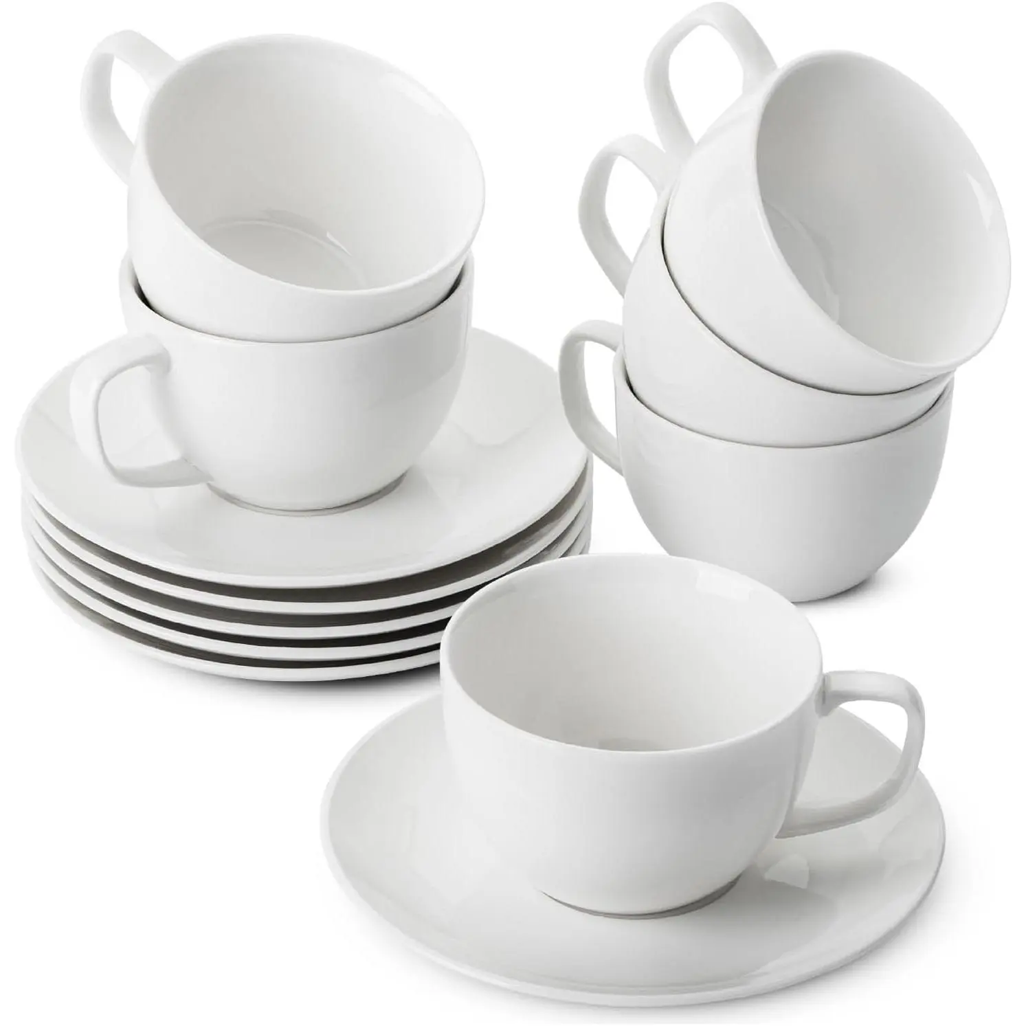 7 oz Cappuccino Cups with Saucers Set of 6, White Porcelain Coffee Cup & Saucer Set for Latte Mocha Tea Au Lait Flat White, Dishwasher Microwave Freezer Oven Safe
