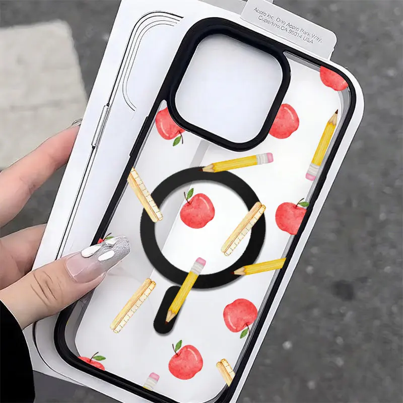 Watercolor School Stationery Phone Case,Apple Pencil Ruler Back-to-School Doodle for iPhone 17 16 15 14 13 12 11 Plus Pro Max,Cute Student Theme Gift