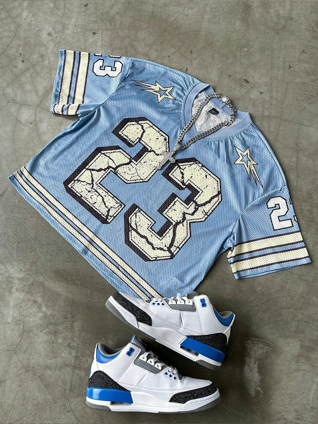 Y2K Light Blue Mesh Breathable Short Sleeve V-Neck Jersey, Men's Loose-Fit Retro Sports T-Shirt, Star Print, Street Style