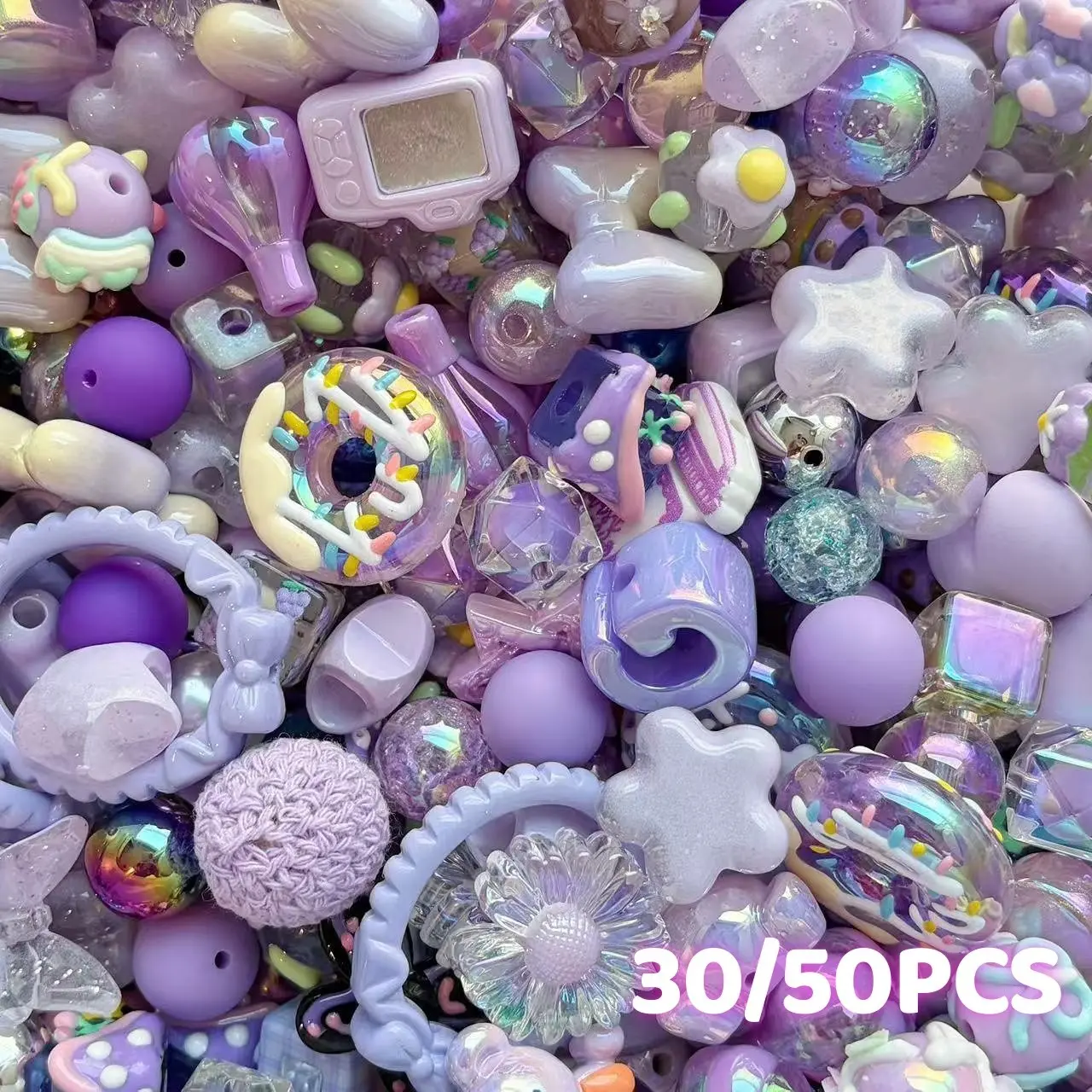 30/50pcs Hand-Drawn Beads Mix, DIY Handmade Beads, UV Craft, Acrylic Material, Heart, Sakura, Camera, Bow, Star Patterns, Cute Charms, DIY Jewelry Making, Beads For Crafts, DIY Mixed Beads