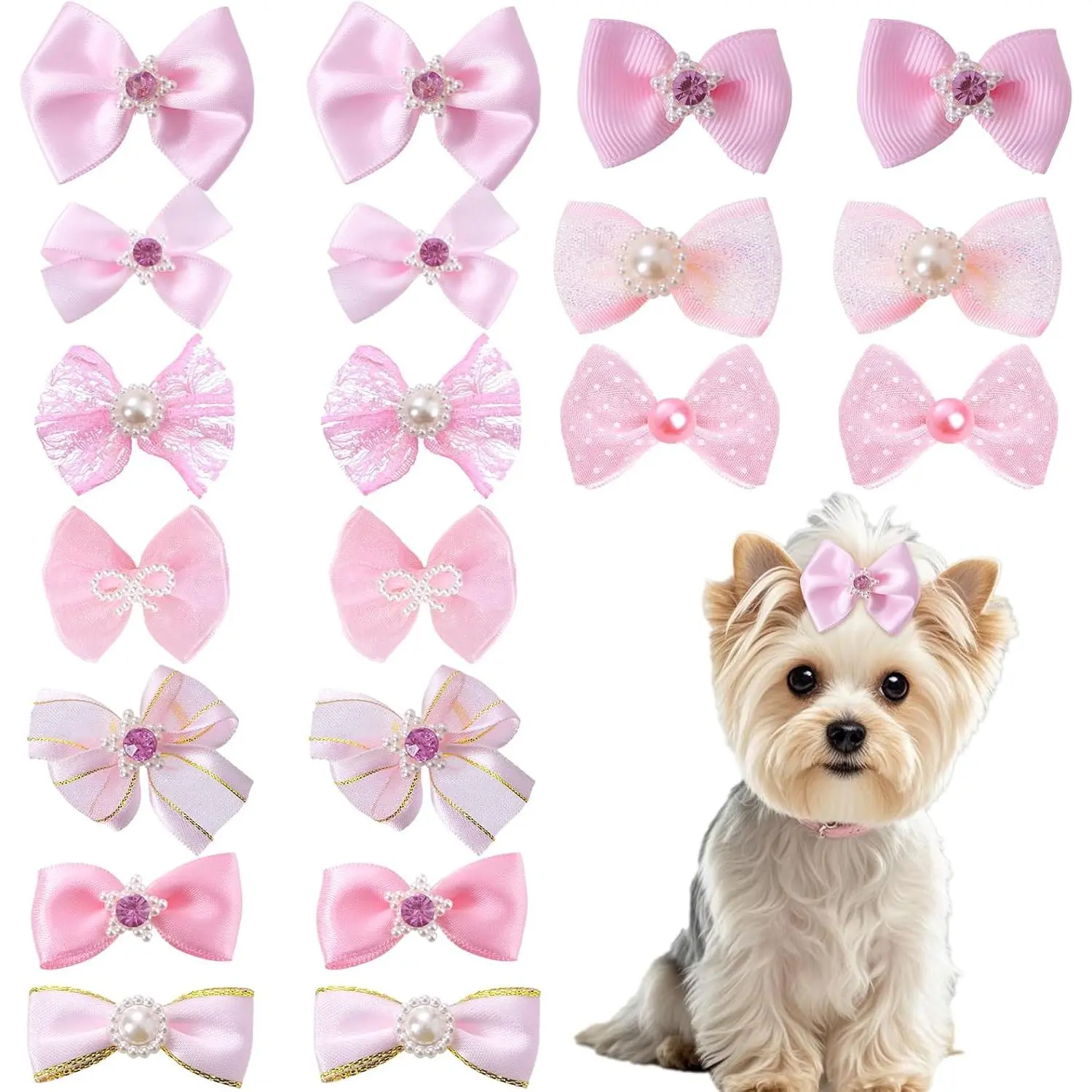 20 PCS Cute Dog Hair Bows with Rubber Bands Elastic Handmade Mix Style Lace Rhinestone Pearls for Furry Puppy Cat Pet Girl, Pink