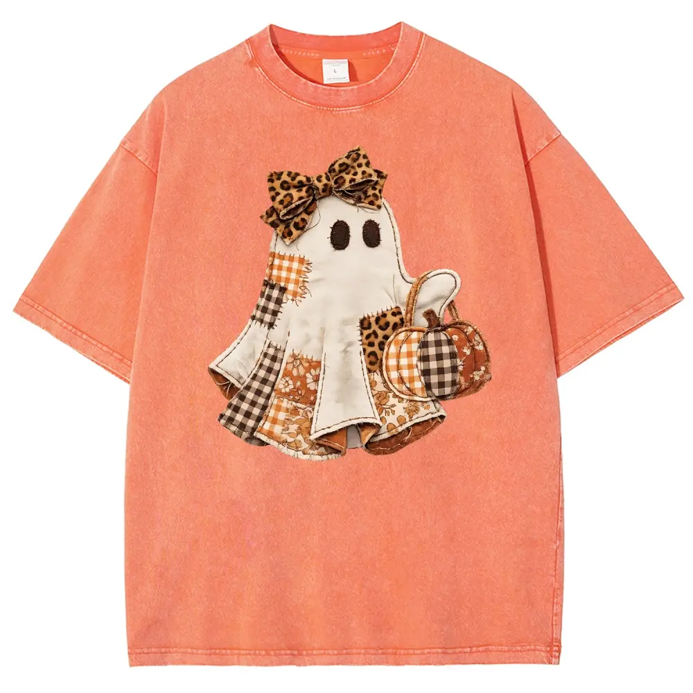 Faux Patchwork Ghost Shirt, Coquette Halloween Ghost Tee, Cute Fall Pumpkin Ghost Washed T-shirt, Spooky Season Shirt