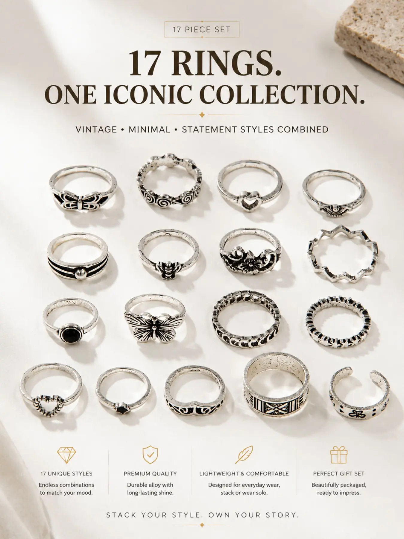 17pcs Bohemian Vintage Rings Set for Women, Silver Color Stackable Statement Rings, Trendy Fashion Jewelry Gift Set，vintage ring set,stackable rings for women,boho jewelry rings,silver tone rings set,fashion rings bulk, Boho Style Rings