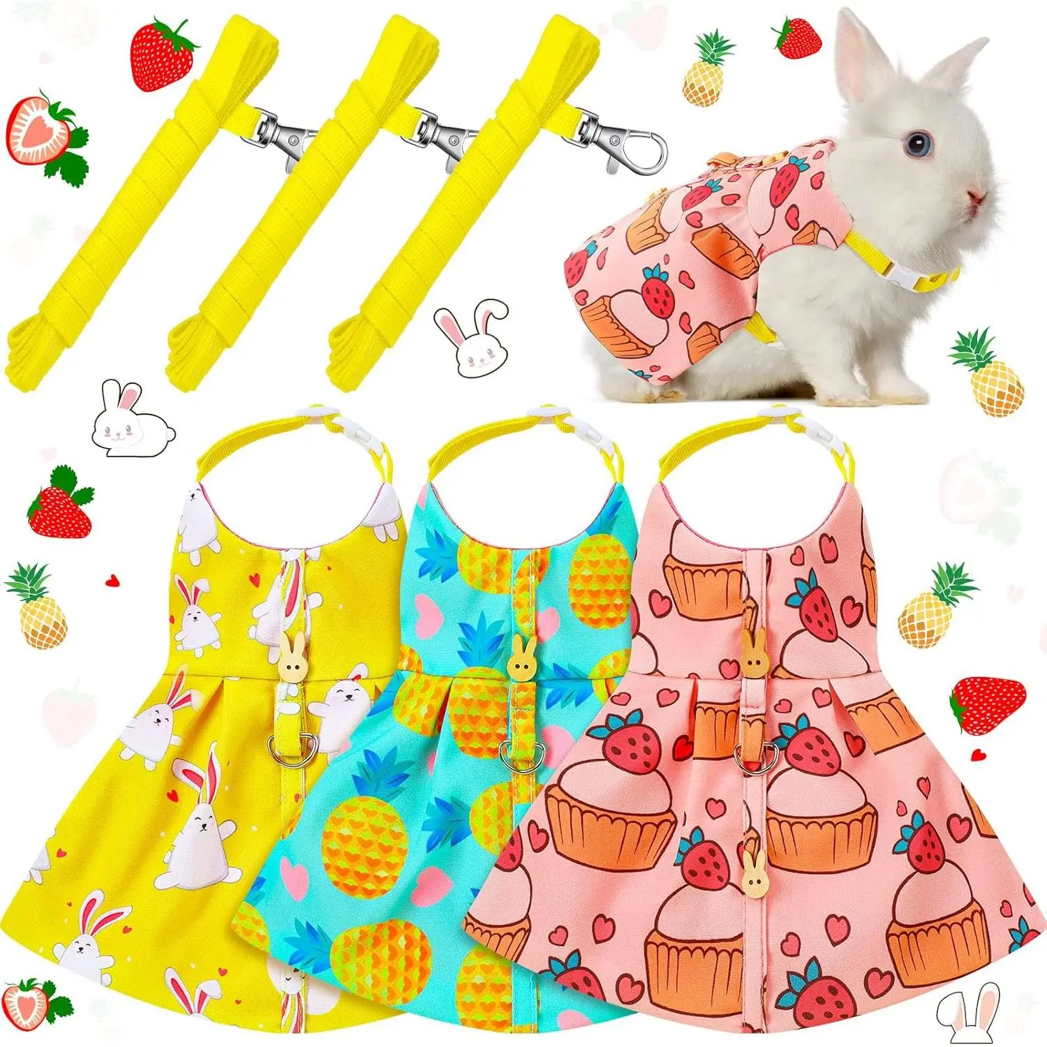 3 Sets Escape Proof Bunny Harness Leash Costume Dress, Cute Walking Vest for Rabbit Hedgehog Ferret Squirrel