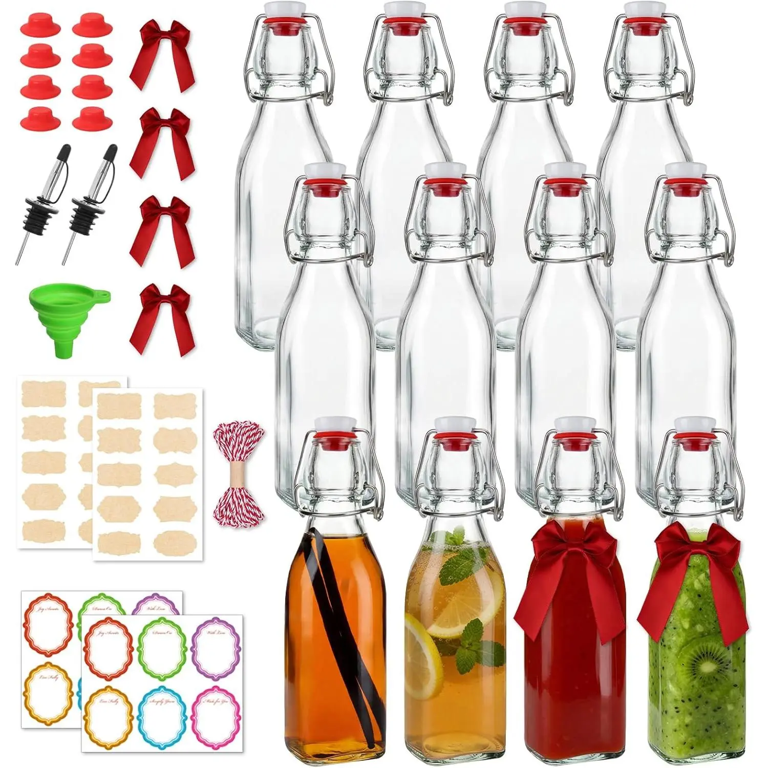12 Pack 8oz Square Swing Top Glass Bottles – Flip Top Bottles with Stoppers for Vanilla Extract, Kombucha, Kefir, Home Brewing, Fermentation & Gifting, Includes 8 Extra Seals & 2 Pourers